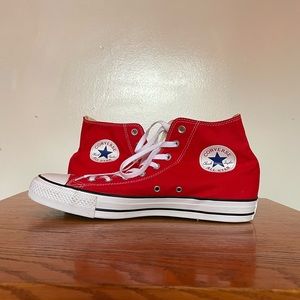 worn-once red chuck taylor converse hi-tops
